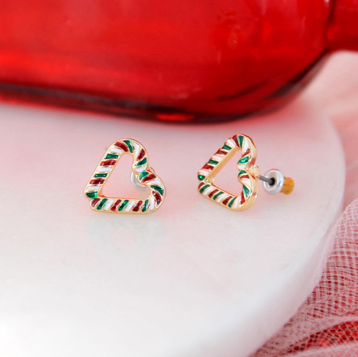 Christmas Candy Cane Heart Stud Earrings