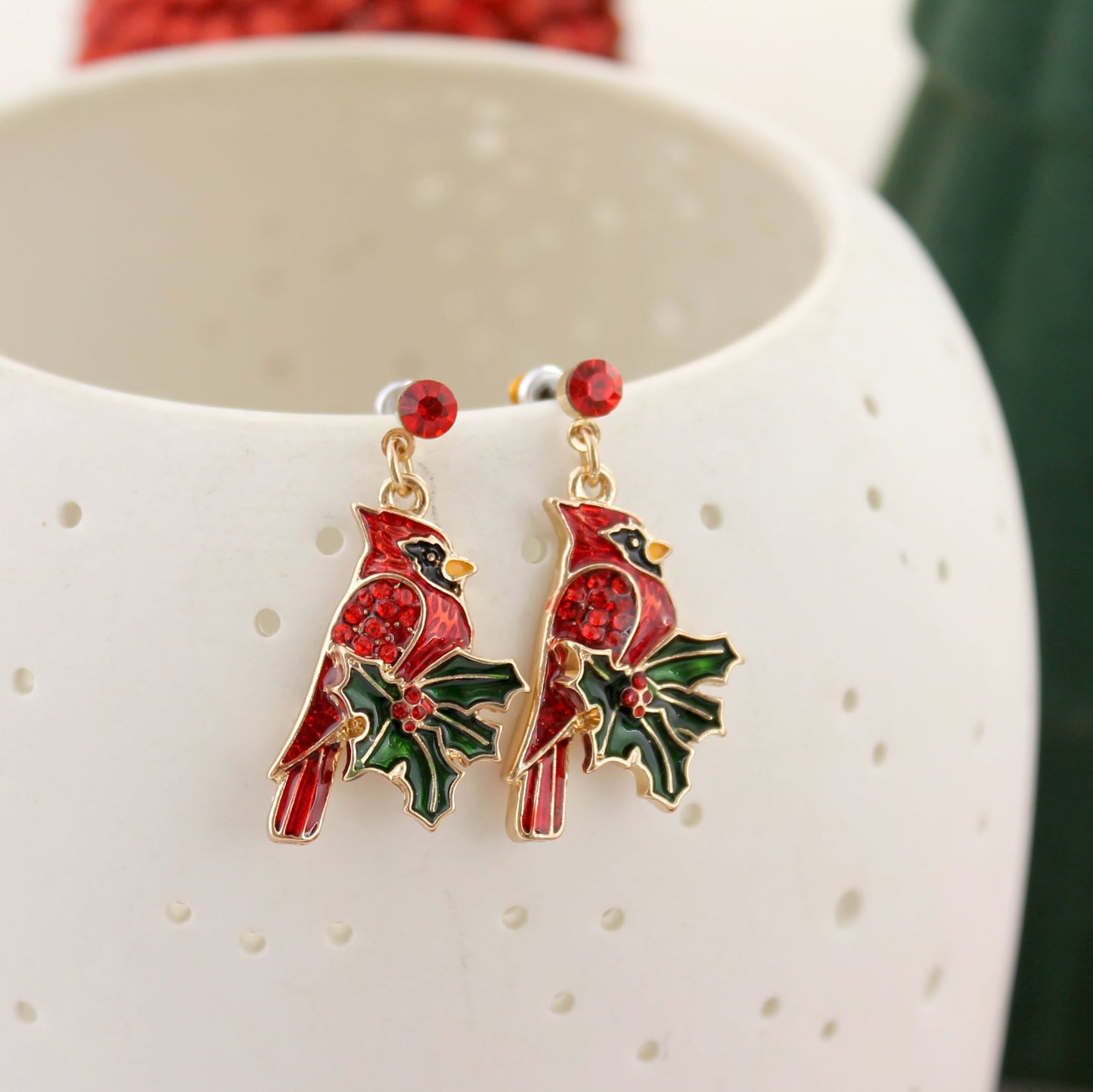 Crystal Cardinal Christmas Earrings