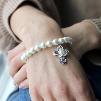 Silver Filigree & Pearl Cross Stretch Bracelet