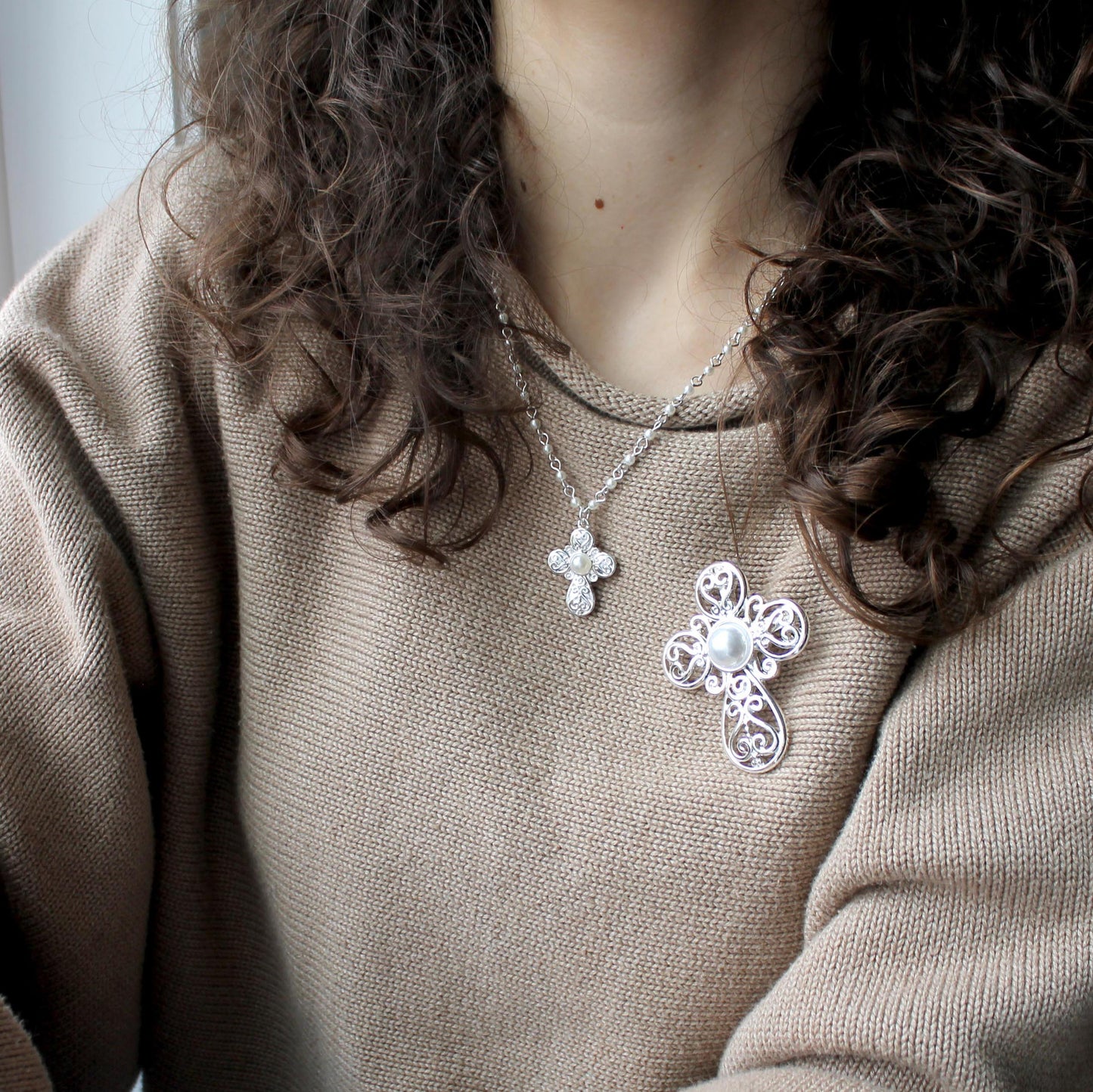 Silver Filigree & Pearl Cross Convertible Pin/Pendant
