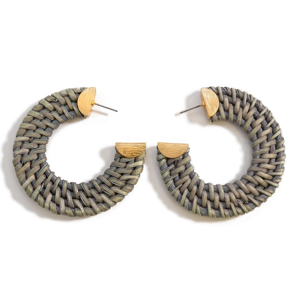 Gray Basket Weave Raffia Hoop Earrings - Fan Sparkle