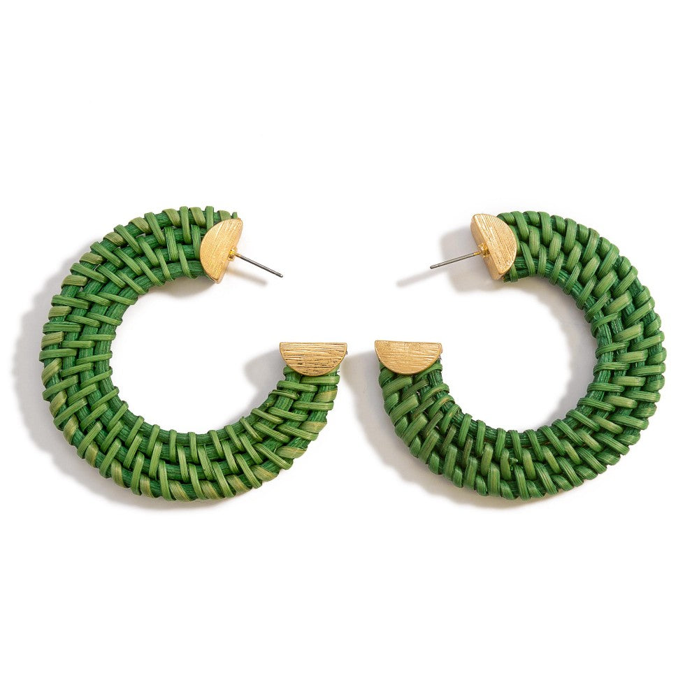Green Basket Weave Raffia Hoop Earrings - Fan Sparkle