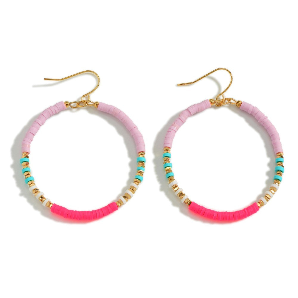 Lavender & Pink Heishi Bead Hoop Drop Earrings - Fan Sparkle