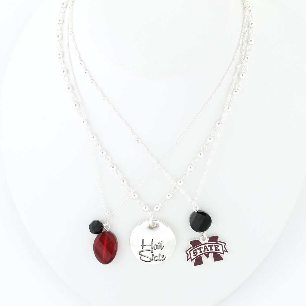 Mississippi State Silver Trio Necklace - Fan Sparkle