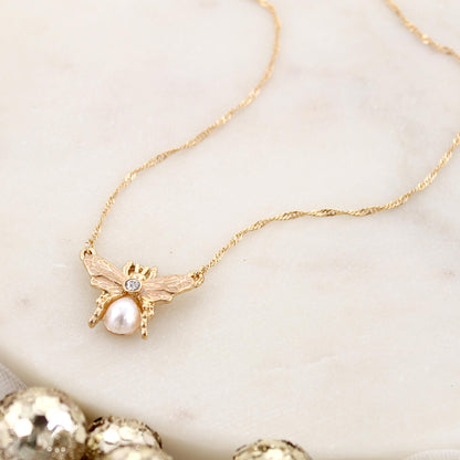 Gold and Pearl Bee Necklace