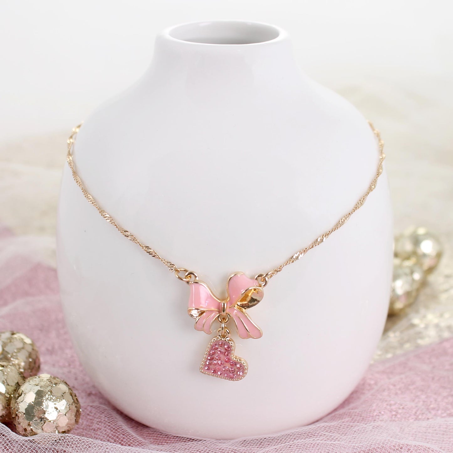 Pink Bow w/ Dangle Heart Valentine’s Day Necklace