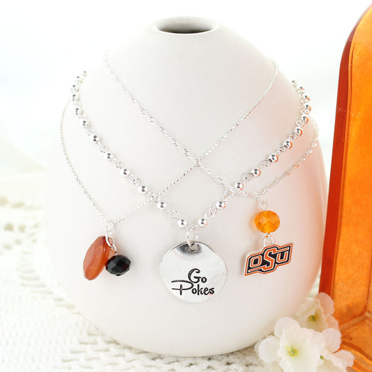 Oklahoma State Silver Trio Necklace - Fan Sparkle