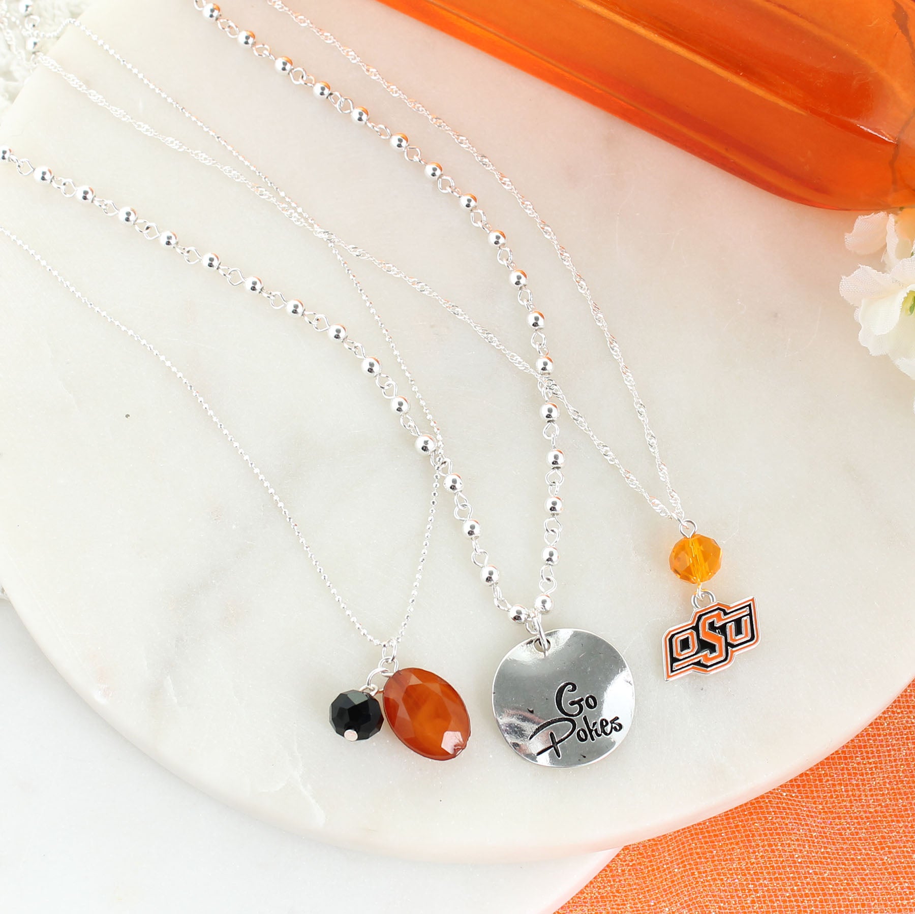 Oklahoma State Silver Trio Necklace - Fan Sparkle