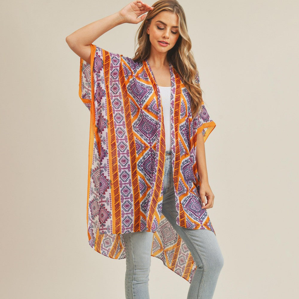 Aztec Print Kimono - Orange - Fan Sparkle