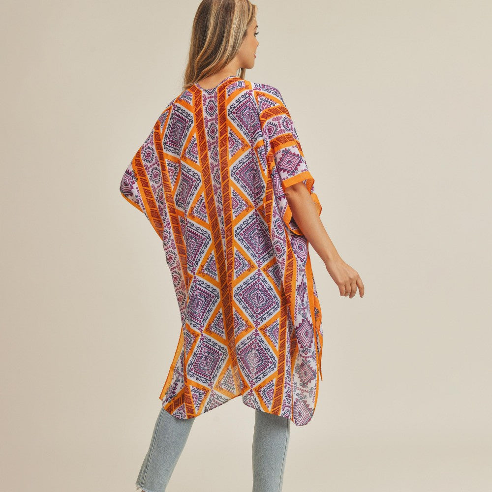 Aztec Print Kimono - Orange - Fan Sparkle