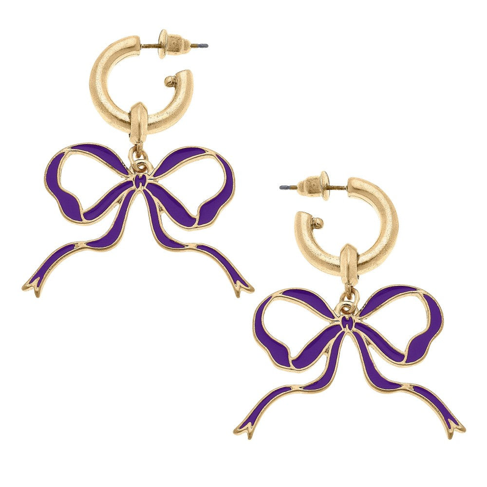 Purple Huggie Hoop Enamel Bow Earrings - Fan Sparkle