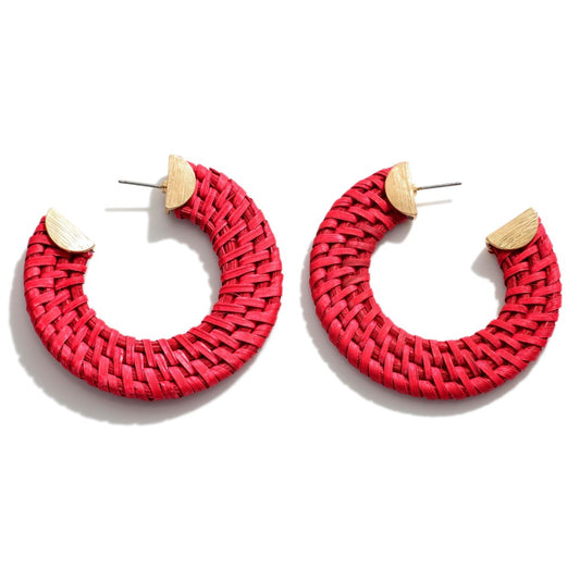 Red Basket Weave Raffia Hoop Earrings - Fan Sparkle