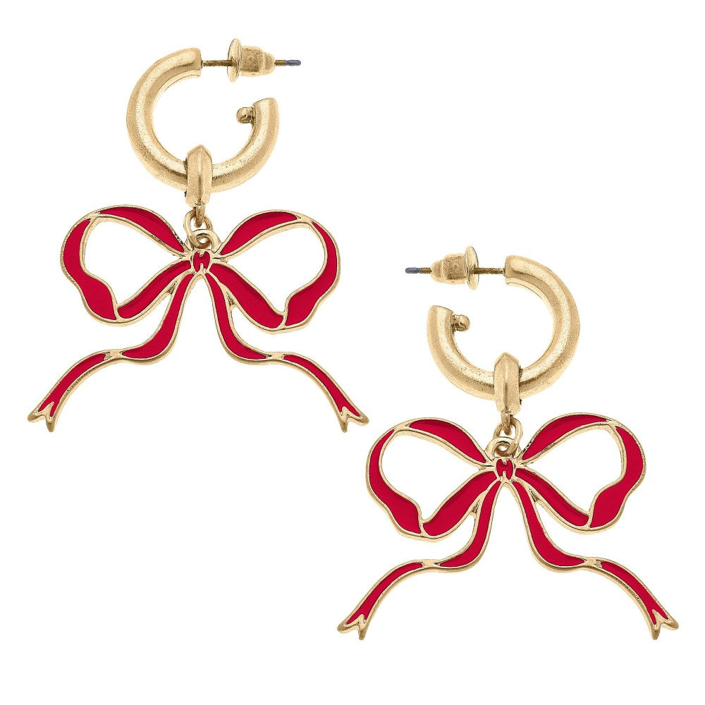 Red Huggie Hoop Enamel Bow Earrings - Fan Sparkle