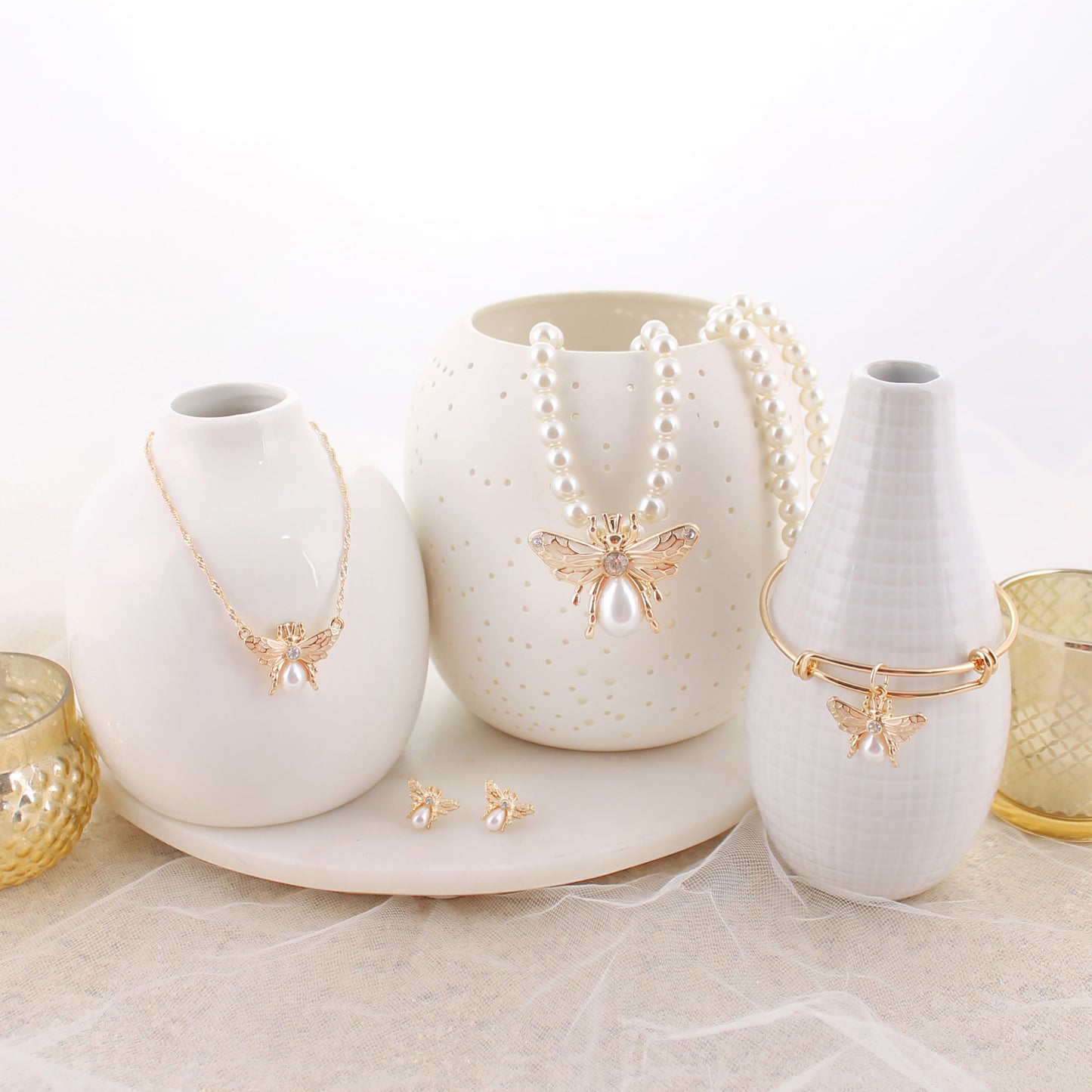 Gold and Pearl Bee Bangle Bracelet