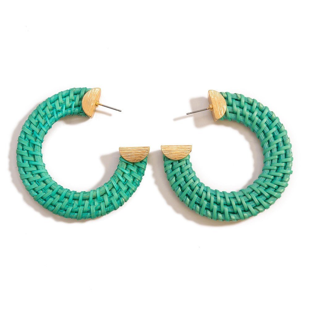 Turquoise Basket Weave Raffia Hoop Earrings - Fan Sparkle