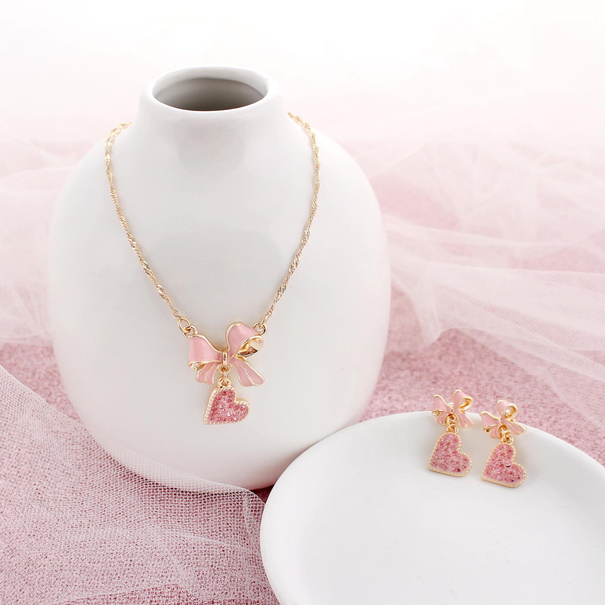 Pink Bow w/ Dangle Heart Valentine’s Day Necklace
