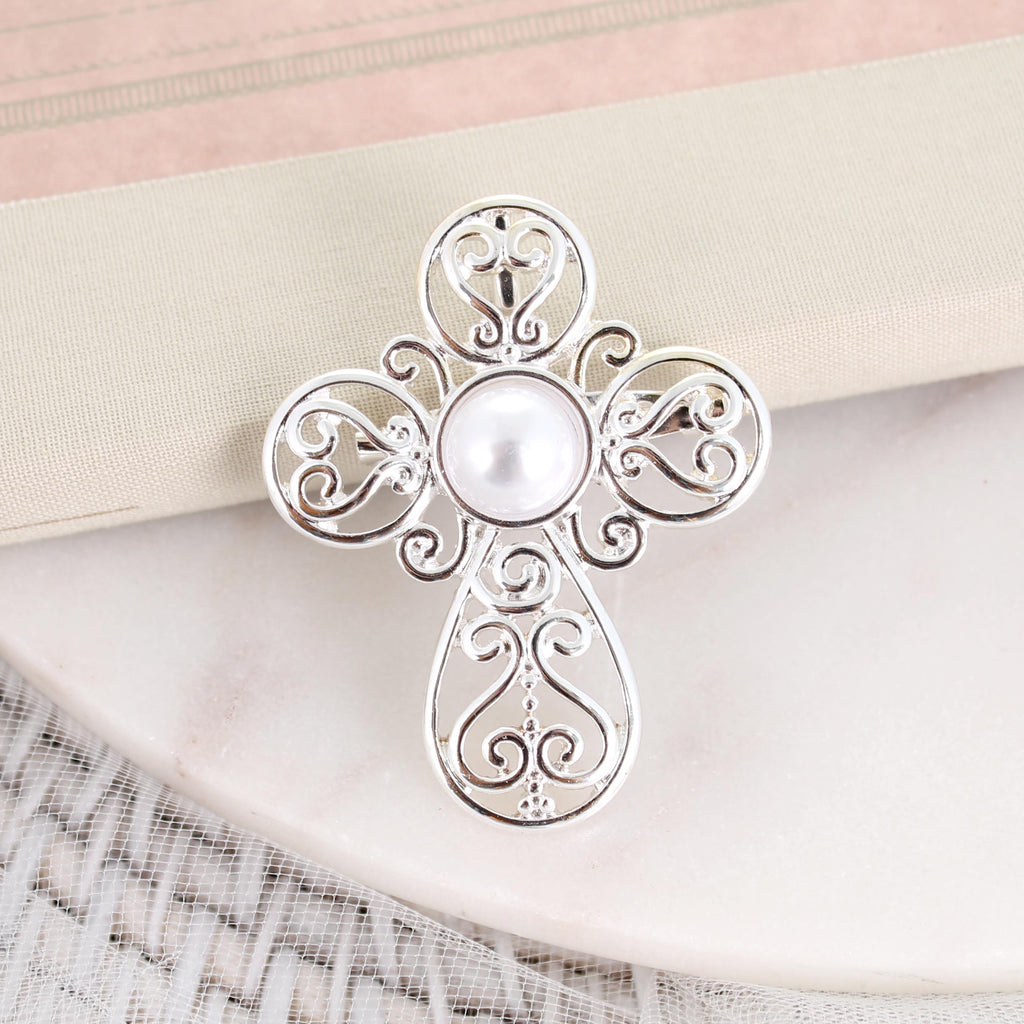 Silver Filigree & Pearl Cross Convertible Pin/Pendant