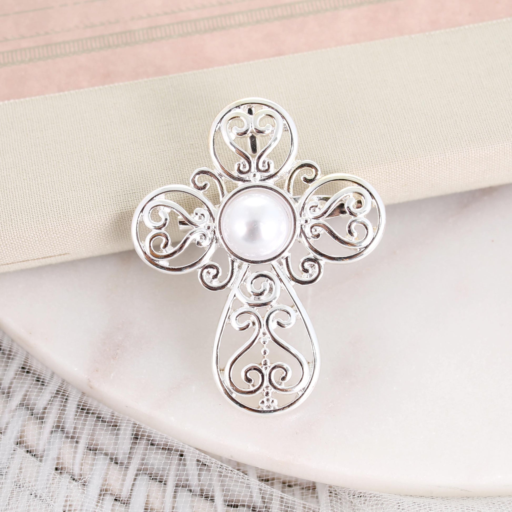 Silver Filigree & Pearl Cross Convertible Pin/Pendant