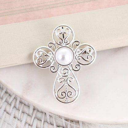 Silver Filigree & Pearl Cross Convertible Pin/Pendant