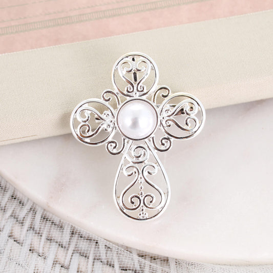 Silver Filigree & Pearl Cross Convertible Pin/Pendant