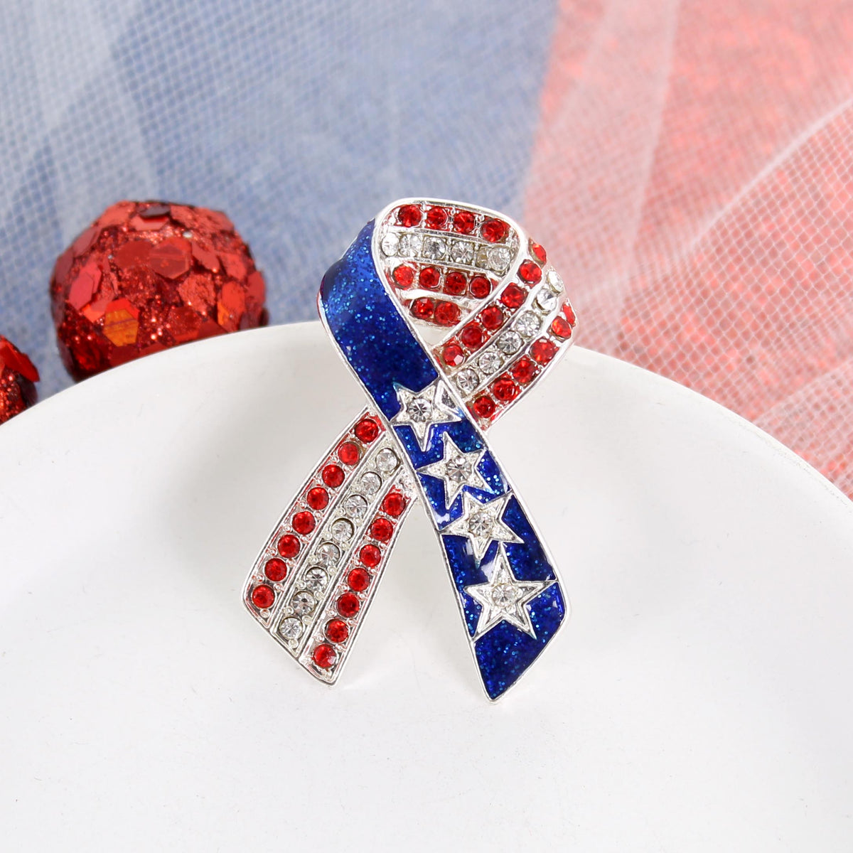 Crystal US Flag Ribbon Convertible Pin/Pendant