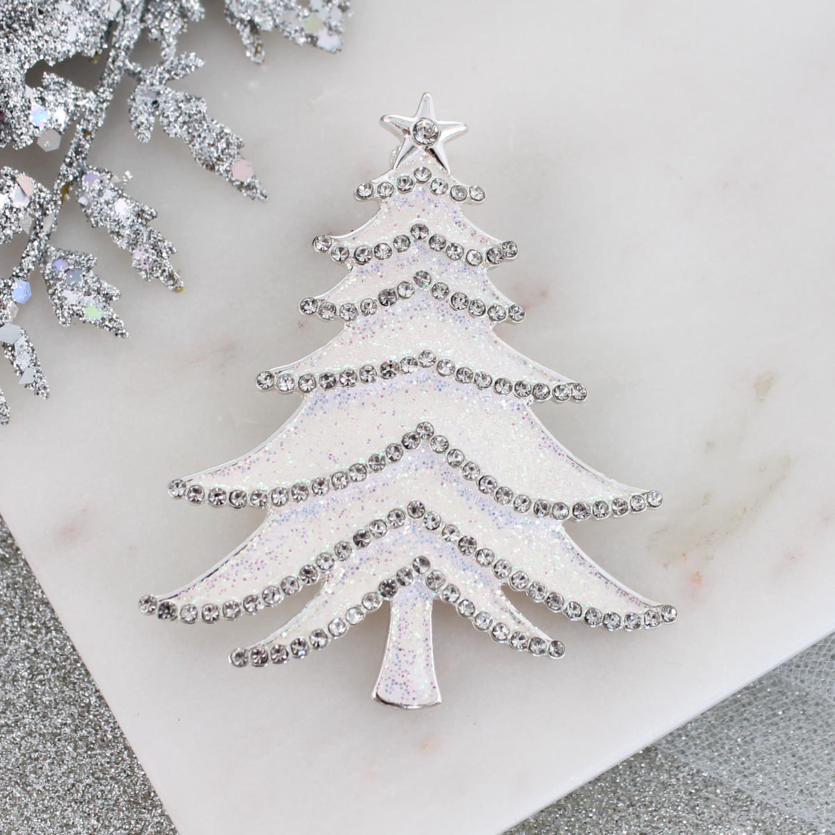 White Glitter Enamel Christmas Tree Pin/Pendant