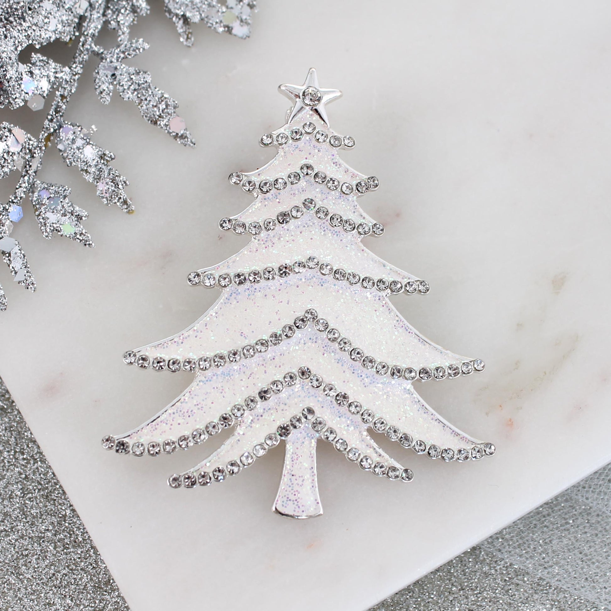 White Glitter Enamel Christmas Tree Pin/Pendant