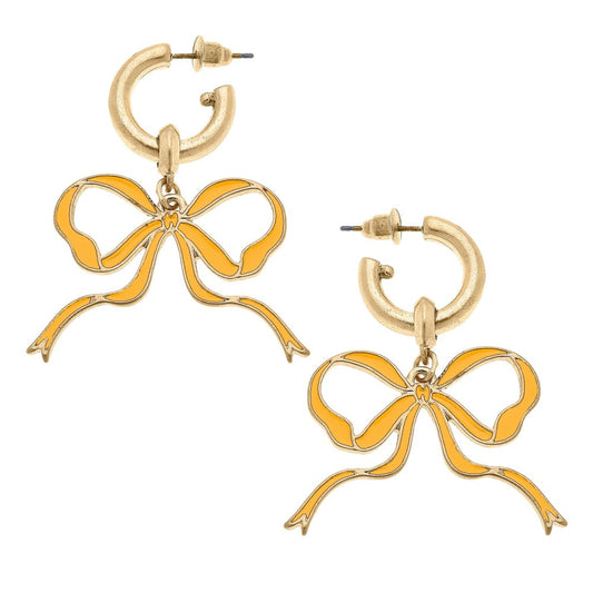 Yellow Huggie Hoop Enamel Bow Earrings - Fan Sparkle