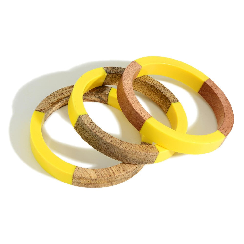 Yellow and Wood Triple Bangle Bracelet - Fan Sparkle