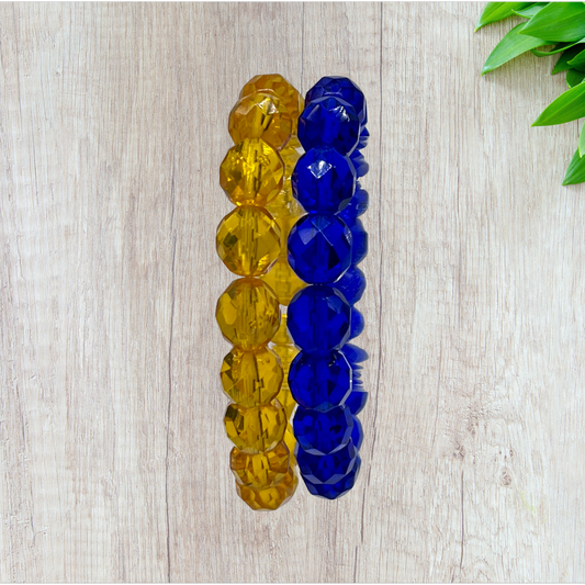 Double Stack Yellow & Blue Czech Glass Stretch Bracelet - Fan Sparkle