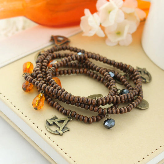 Auburn Wood Bead Stretch Necklace - Fan Sparkle