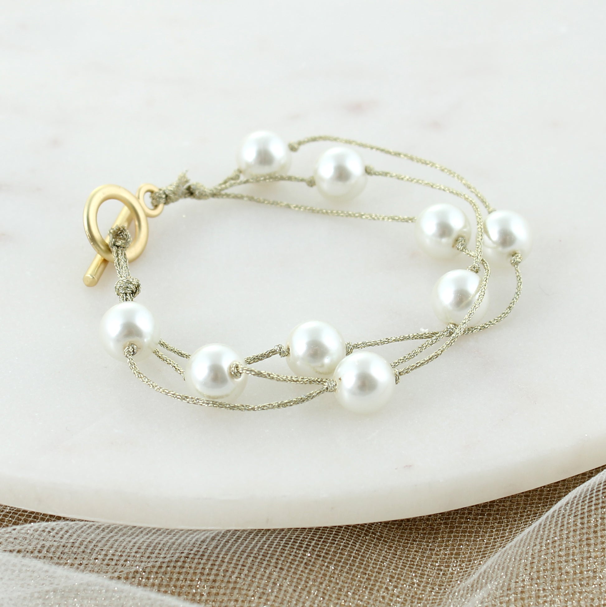 Gold & Pearl Knotted Toggle Bracelet