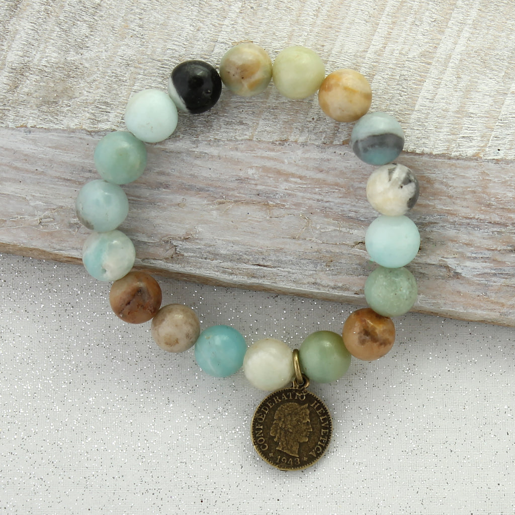 Natural Stone Stretch Bracelet w/ Vintage Style Coin