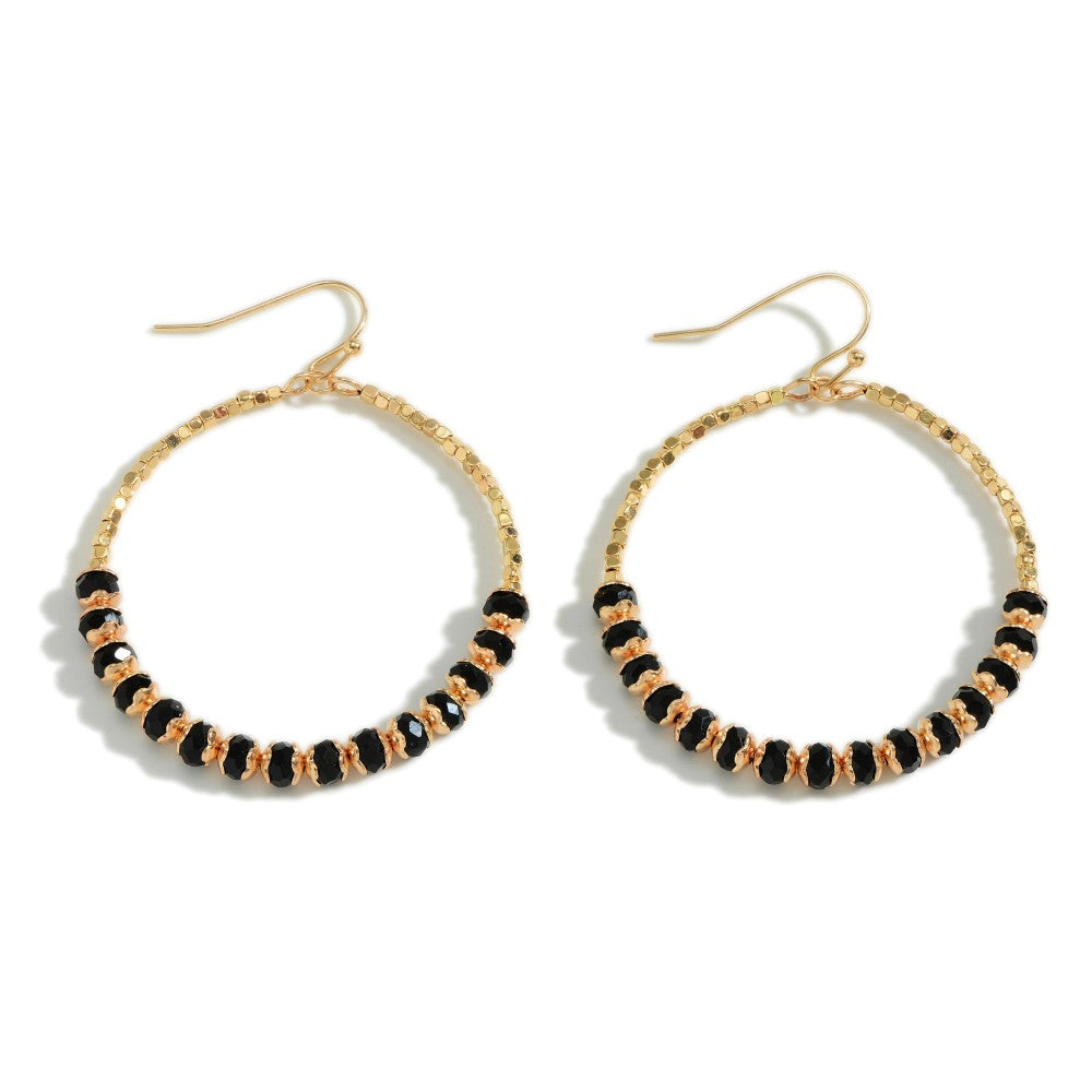Black Beaded Hoop Drop Earrings - Fan Sparkle