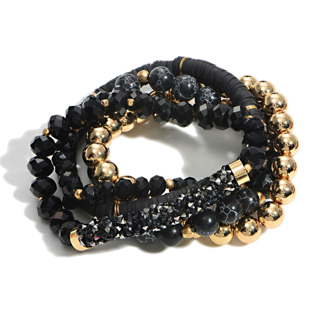 Black Beaded Stretch Bracelet with Heishi, Glass & Rhinestone - Fan Sparkle