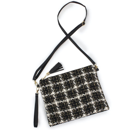 Black Tweed Plaid Crossbody Bag - Fan Sparkle