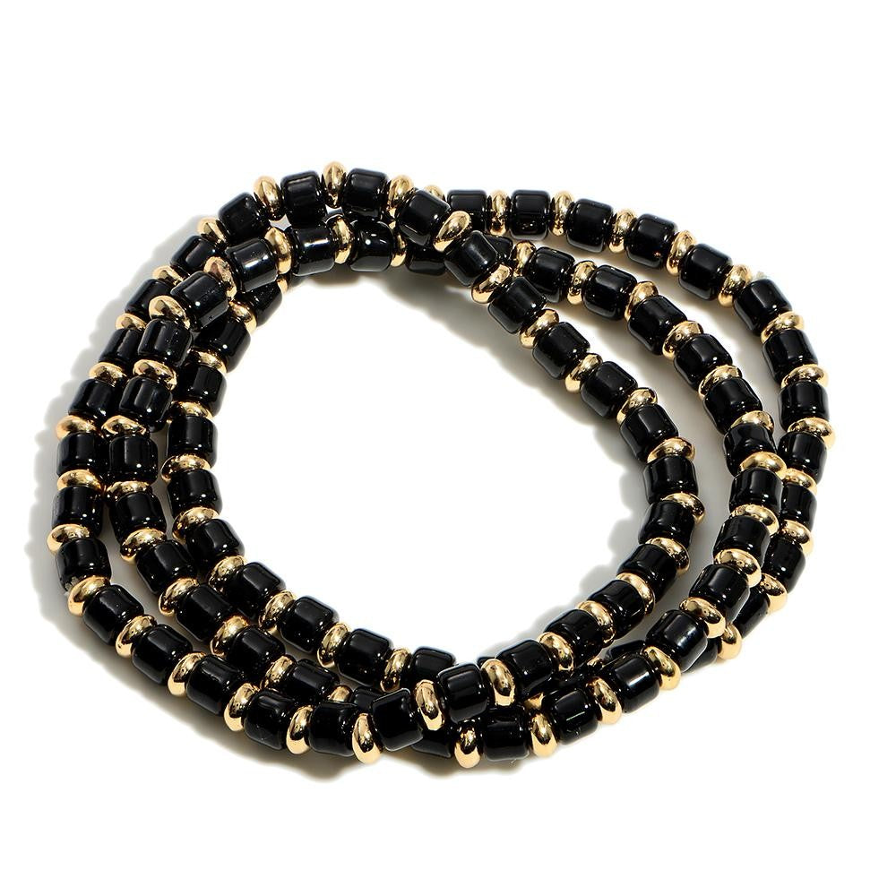 Black and Gold Beaded Stretch Bracelet Trio - Fan Sparkle