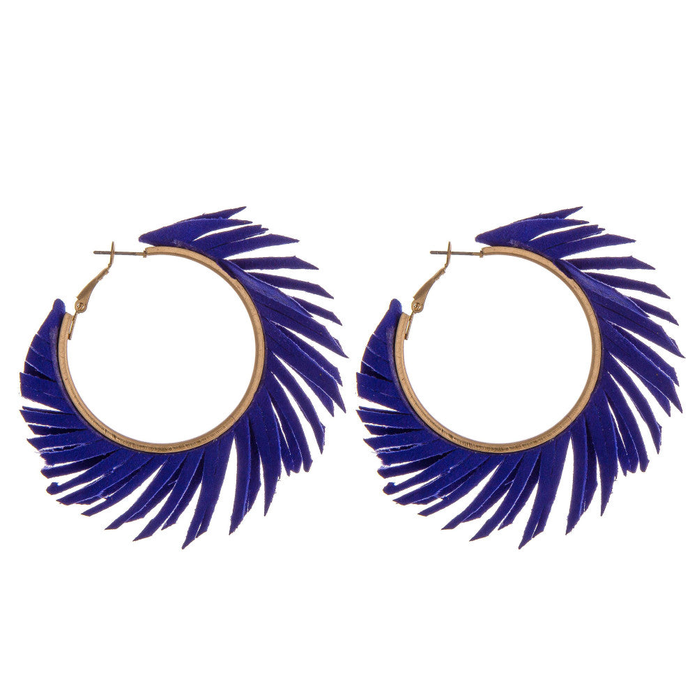 Royal Blue Leatherette Feather Hoop Earrings - Fan Sparkle