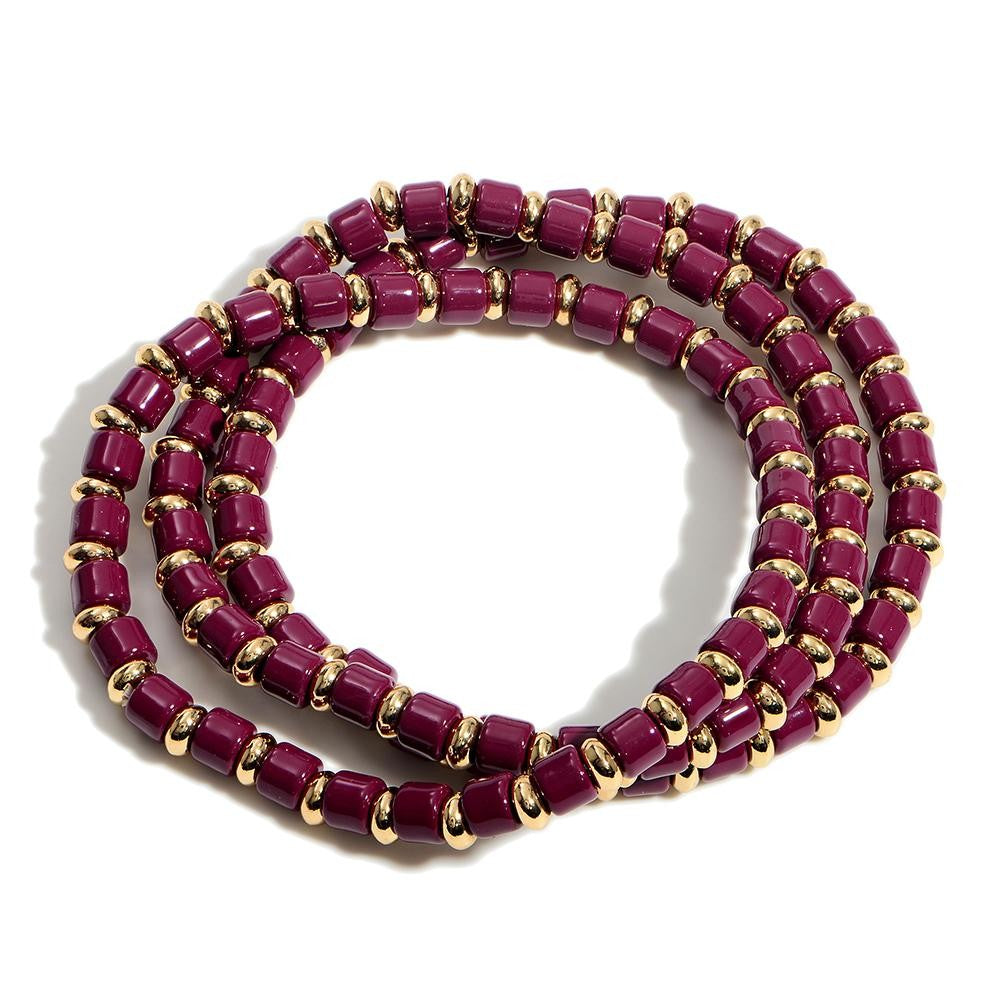 Burgundy and Gold Beaded Stretch Bracelet Trio - Fan Sparkle