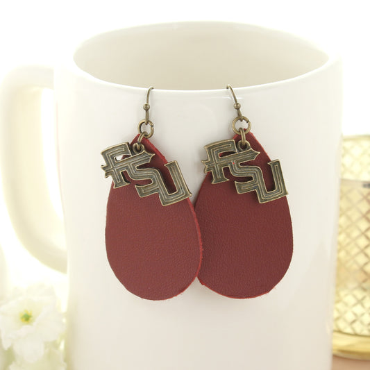 Florida State Vintage Style Logo Leather Teardrop Earrings