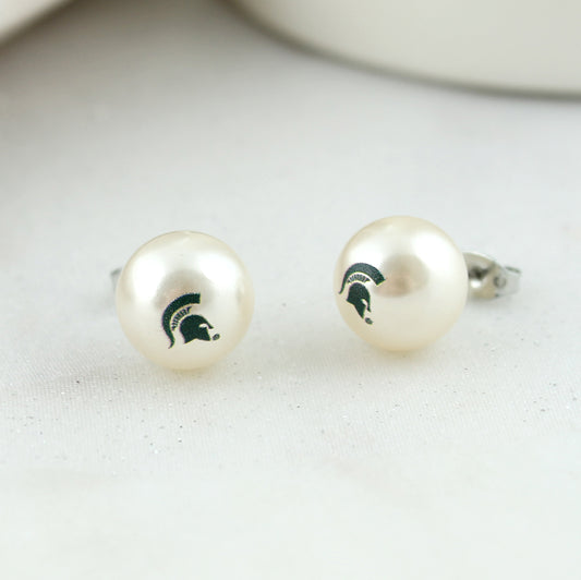 Michigan State Logo Pearl Stud Earrings