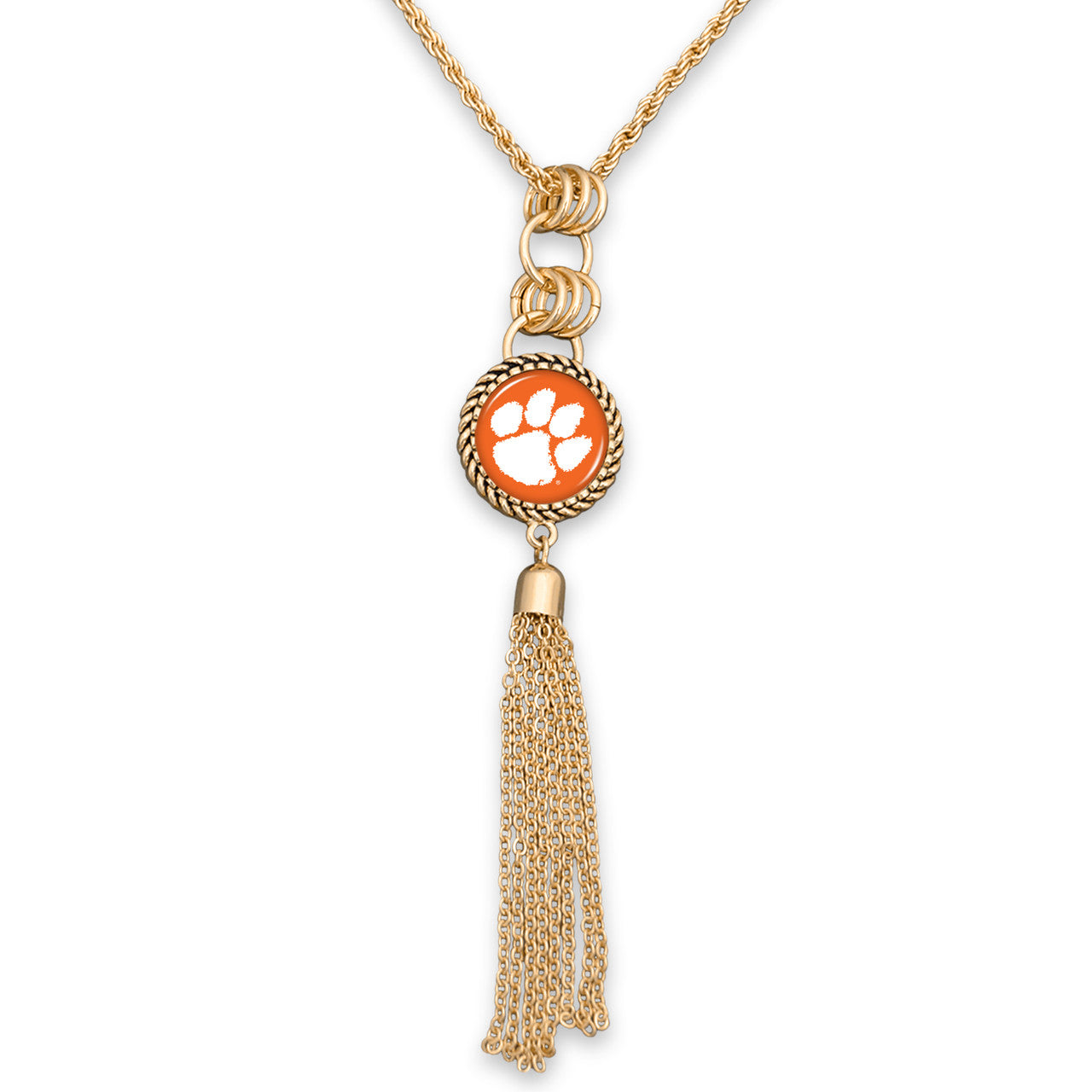 Clemson Long Gold Tassel Necklace - Fan Sparkle