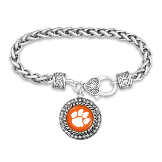 Clemson Silver Braided Rhinestone Logo Bracelet - Fan Sparkle