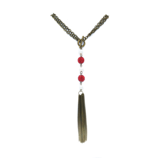 Red Sparkle & Pearl Bead Necklace - Fan Sparkle