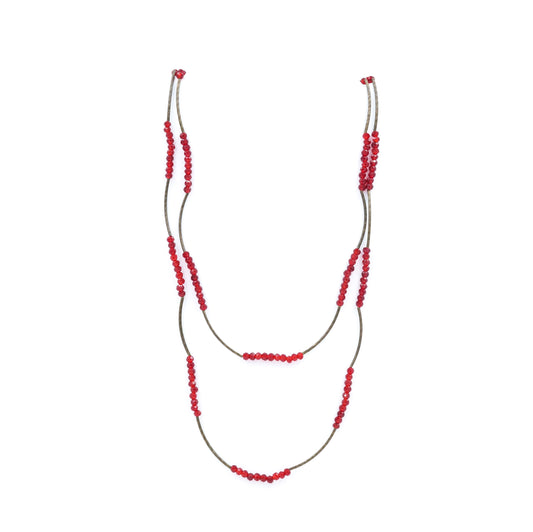 Crimson Crystal & Vintage Bead Stretch Necklace - Fan Sparkle