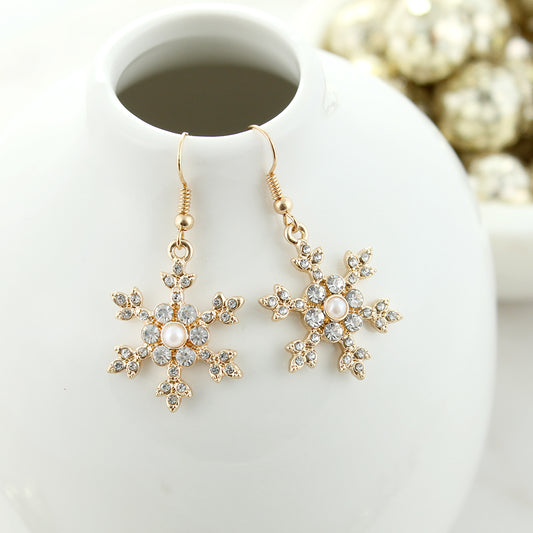 Gld   & white irridescent bead Snowflake Christmas Earrings