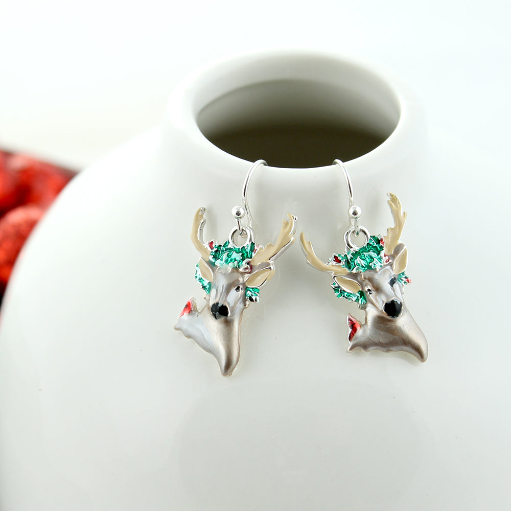 Enamel Reindeer Head Christmas Earrings