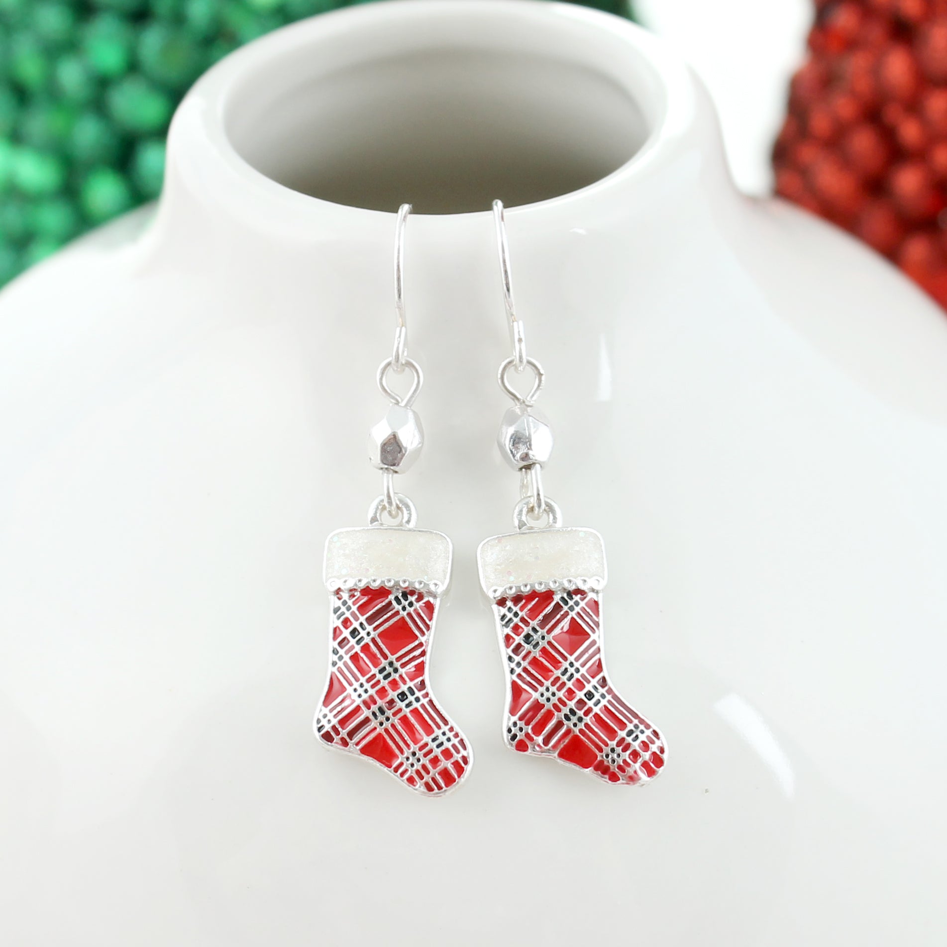 Plaid Christmas Stocking Earrings
