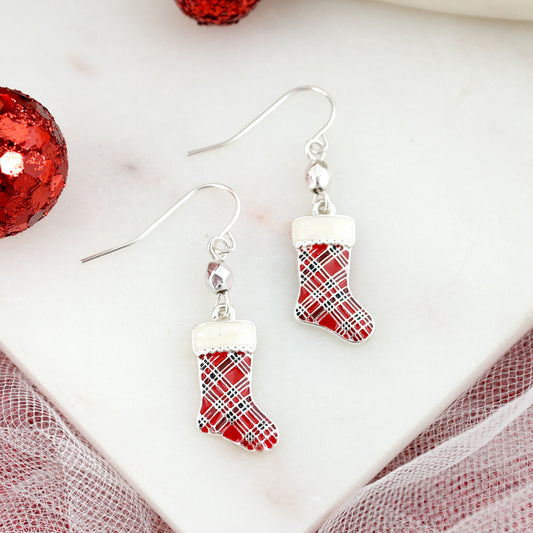 Plaid Christmas Stocking Earrings