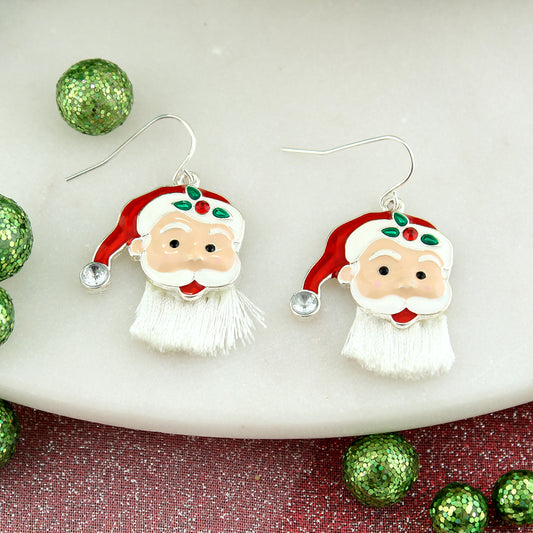 Fringe Beard Santa Face Christmas Earrings